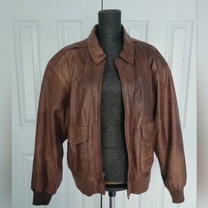 G-III Large Brown Leather Vintage Bomber Jacket Map Liner
